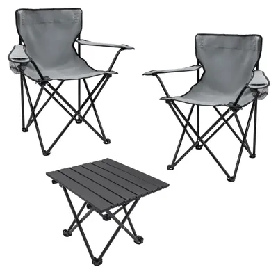 Produktbild von Camping Sitzgruppe 3-teilig mit Aluminium Klapptisch und Tragetasche - grau - Garten Tischgruppe mit 2 Campingstühlen bis 100kg
