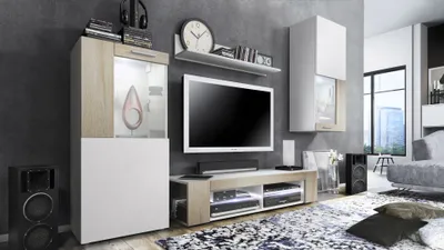 Produktbild von Vladon Wohnwand Movie, Anbauwand bestehend aus 1 TV-Board, 2 Vitrinen und 1 Regal, Weiß matt/Weiß matt/Eiche Sägegrau, inkl. LED-Beleuchtung weiß (Gesamt: 300 x 190 x 39 cm)