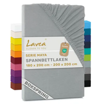 Produktbild von Lavea® Spannbettlaken 180-200x200 cm - Boxspringbett, Jersey, 40 cm Steghöhe, 100% Baumwolle, weich, atmungsaktiv, pflegeleicht, formstabil - Silber