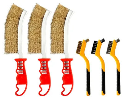 Produktbild von Set mit 6 Drahtbürsten, Handdrahtbürsten, Messing- und Edelstahlbürsten für die Reinigung von Rost, Farbe und Schweißschlacke (3 große + 3 kleine)
