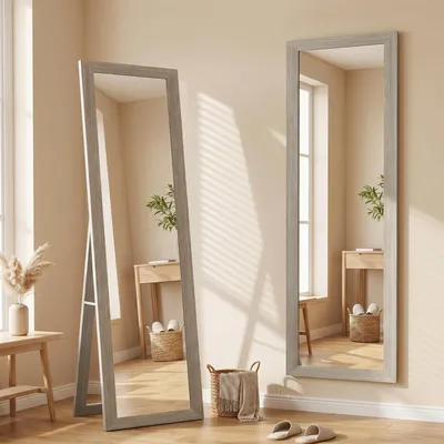 Imagen del producto de Espejo de cuerpo entero Sweiko, 37 x 157 cm, para colgar o colocar en pie. Espejo rectangular ideal para salones, dormitorios, color gris