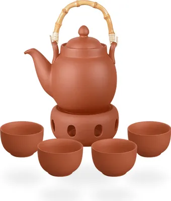 Produktbild von Tenno Teeservice / Teeset / Ton Teekanne mit Sieb 1,1 liter, Stövchen und 4 Tassen je 130ml, handgefertigt