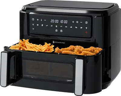 Produktbild von KitchenBrothers Heißluftfritteuse Dual Zone 9L - Airfryer XXL 2400W - mit Snackteiler - 10 Kochprogramme - Schwarz