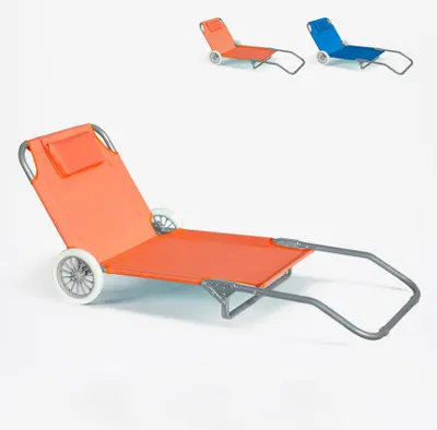 A portable orange beach lounger with wheels is shown against a white background. Two smaller images of orange and blue loungers are in the top right corner.