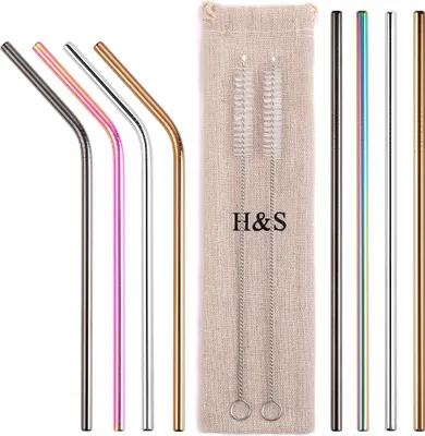 Produktbild von H&S 8x Edelstahl Strohhalm - 8 Strohhalme aus Edelstahl - Trinkhalme Edelstahl - Set Metallstrohhalme - Strohhalme wiederverwendbar aus Metall -