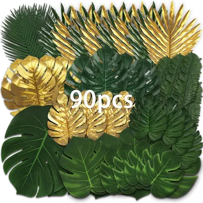 Image de 90 feuilles artificielles en 11 modèles différents : feuilles de monstera, feuilles de palmier artificielles, décorations de fête tropicales, feuilles de safari dans la jungle avec tiges artificielles pour les décorations de fête hawaïennes de type luau