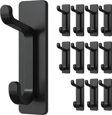 Produktbild von 12 Stahl-Haken, extra stark, Tragfähigkeit bis 6 kg, Metall-Durchhaken, Handtuchhaken, rostfrei, selbstklebend, Duschkachelhaken, ohne Bohren, schwarz