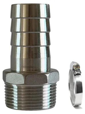 Image de Raccord de tuyau en acier inoxydable, 1 1/4" AG x 38 mm, avec collier de serrage