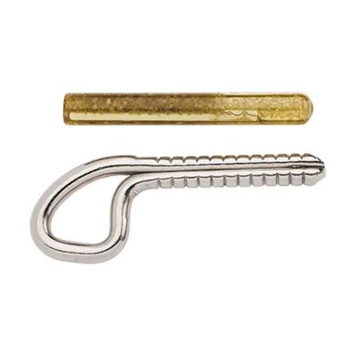 Klebehaken "Gluebolt" von Edelrid; aus Metall mit gewelltem Schaft und gelbem Kleber; geeignet für Kletterwände.