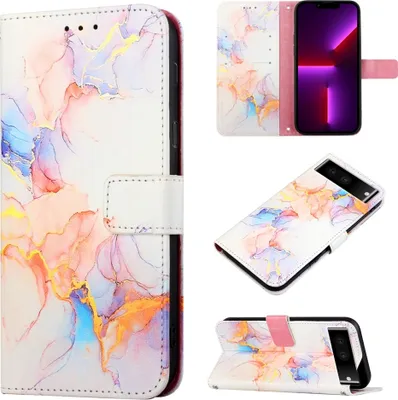 Produktbild von Google Pixel 7 Hülle, Marmor Motiv Kunstleder Tasche Wallet Kartenfächer mit Standfunktion Klapp Schutzhülle für Google Pixel 7 Bunt