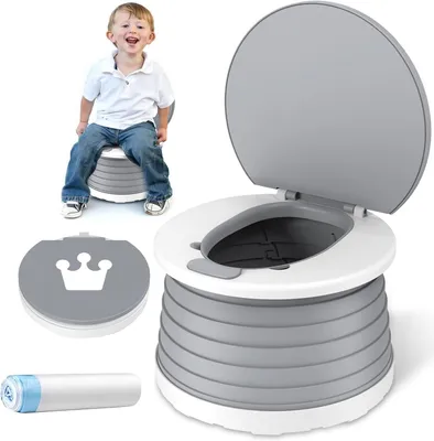 Image de Pot de toilette pour enfants - Siège de toilette pour bébé - Idéal pour l'apprentissage en déplacement - 3 en 1, pliable - 24 x 17 cm - Gris