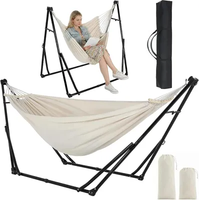 Produktbild von Hängematte mit Gestell - Klappbare Outdoor Hängematte - Verstellbar 201–270 cm - Stahlgestell - Für 2 Personen bis 200 kg - Für Garten Balkon Camping - Khaki