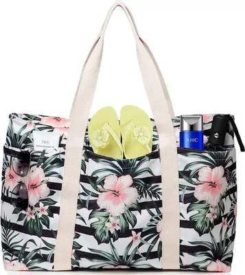 Productafbeelding van Unyqoos® Grote canvas strandtas voor dames, 55 x 36 x 20 cm – XXL shopper met rits, gestreept bloemenmotief, 5 binnenzakken en 4 buitenzakken