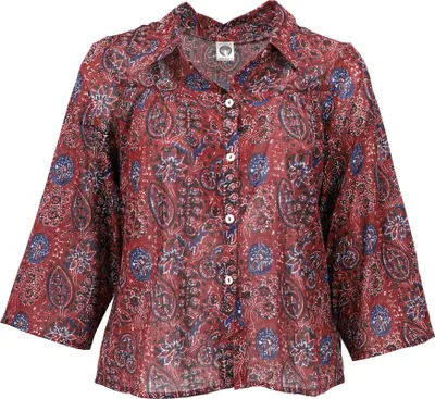 Produktbild von Handbedruckte Bohobluse, Luftige Baumwollbluse - Rostrot, Damen, Baumwolle, Größe: L