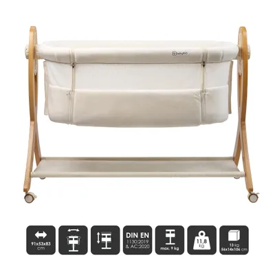 A baby bassinet on a wooden stand with wheels, presented on a white background.