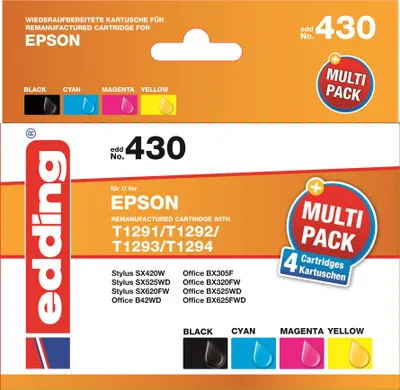 The image shows two packaging boxes for printer ink cartridges. The top box is orange and white, and the bottom box is orange, white, and red. Both boxes display brand logos, product information, and color swatches.