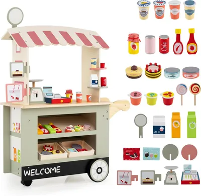 Produktbild von GOPLUS Kinder Kaufladen, Kaufmannsladen mit 2 Ablagen, Baldachin & 30 Zubehör, Einkaufsladen mit 3 Rädern, Schiebegriff, für Kinder ab 3 Jahren (Grün)