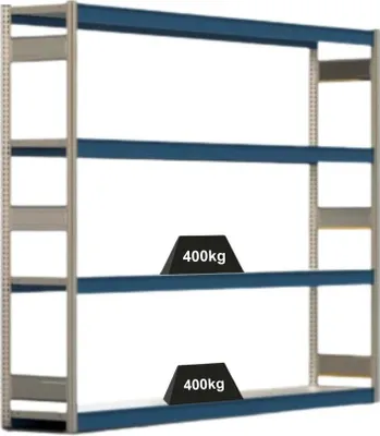 Produktbild von Weitspannregal ELCH Stecksystem T-Profil | Grundregal | HxBxT 200x257x40cm | 4 Ebenen | Stahlplatten-Fachboden | Fachlast 400kg | Enzianblau