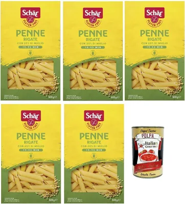 Produktbild von SCHÄR Senza Glutine Penne rigate, Glutenfrei Pasta mit 20% Hirse, gluten free pasta, 5x 500g + Italian Gourmet polpa 400g