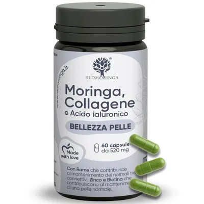 Immagine prodotto di RedMoringa Integratore Antirughe Collagene Idrolizzato con Moringae Acido Ialuronico | Per Pelle e Articolazioni | 60 Capsule | Italy