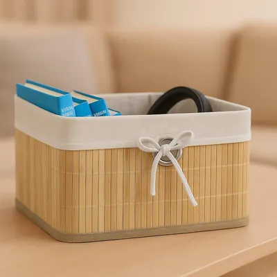 Image de Paniers de rangement en bambou avec doublure en tissu, lot de 3
