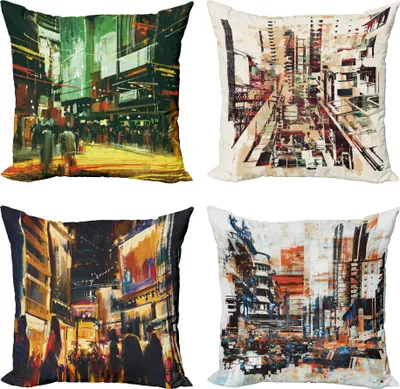 Produktbild von ABAKUHAUS Städtisch Dekokissen Kissenbezug 4er Pack, Big City Straßenrausch Kunst, Modern Accent Doppelseitiger Digitaldruck, 50 x 50 cm, Mehrfarbig