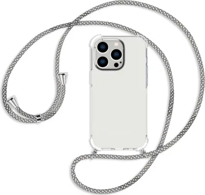 Produktbild von Handykette Backcover-Schutzhülle mit Band (Metall silberfarben) für Apple iPhone 14 Pro (6.1'') - weiß/grau kariert
