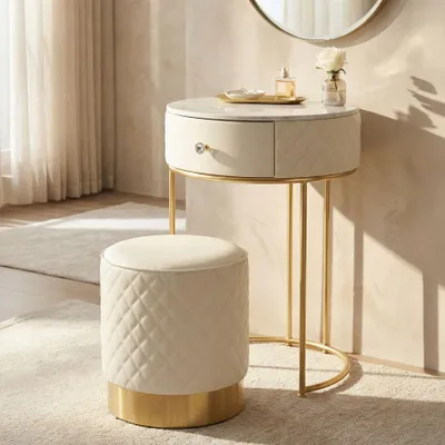 Immagine prodotto di Comodino/toeletta con cassetto e pouf cm ø 52x70 - ø 36x39