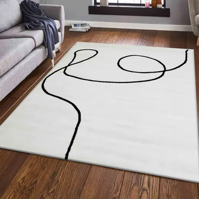Image de Tapis de salon moderne One-Line crème/noir design artistique à poils courts, dimensions:80x150 cm