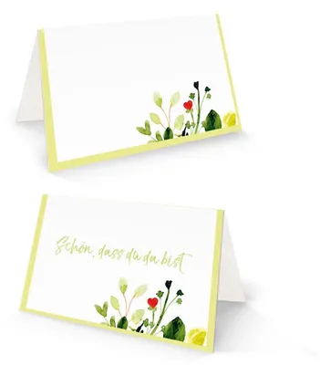 Produktbild von Tischkarten 25er Set 8,5x5,5 cm floral Schön dass du da bist - Platzkarten Hochzeit Taufe Geburtstag Kommunion - Aufstellkarten Gäste Tischdeko - Logbuch-Verlag