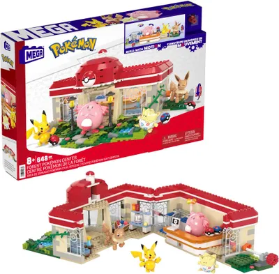 A box of MEGA Pokémon Forest Pokémon Center building blocks with assembled model and figures shown.