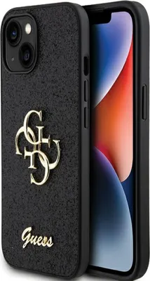 A black phone case with a gold Guess logo and text, placed next to a smartphone.