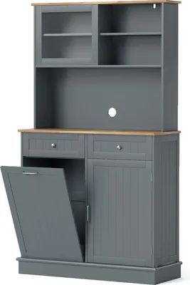 Immagine prodotto di COSTWAY Armadio da cucina, per cestino da 45 L, mobile buffet con piano di lavoro, 2 cassetti e ripiani, mobile da cucina alto, cassettiera in legno, grigio