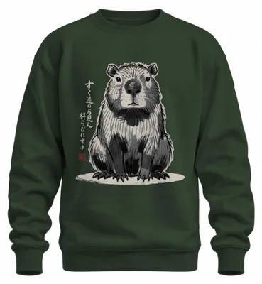 Immagine prodotto di Maglione con cappuccio in stile giapponese, raffigurante un capibara, in stile sumi-e, ispirato alla cultura giapponese e allo stile Y2K. Colore: verde bottiglia. Taglia: L