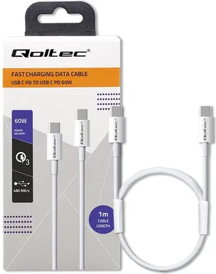 Produktbild von Qoltec USB 2.0 Typ C Kabel | USB 2.0 Typ C 60W | QC 3.0 | PD | 1m | Weiß