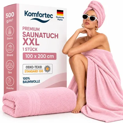 Produktbild von Komfortec Saunatuch 100x200 cm XXL, 100% Baumwolle, 500 g/m², extra große und weiche Duschtücher, saugstark & schnelltrocknend, Rosa