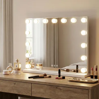A vanity mirror with lights on a wooden dresser, surrounded by makeup and perfume.