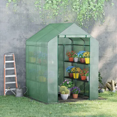 Produktbild von SUGIFT Foliengewächshaus begehbar mit 8 Regalebenen, Tomatenhaus Treibhaus Frühbeet, PE-Folie Stahlrahmen, Grün | 143x138x190 cm | Rolltür | 9,8 kg