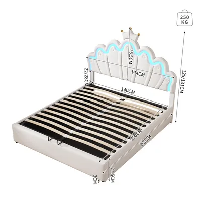 Immagine prodotto di letto piano 140 x 200 cm, letto imbottito, letto da principessa, illuminazione ambiente regolabile, modanatura a , bianco