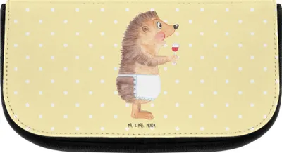 Produktbild von Mr. & Mrs. Panda Organizer Igel Wein - Gelb Pastell - Geschenk, trinken, Lustige Sprüche, Weinliebhaber, Rotwein, Weißwein, kosmetiktäschchen, Kosmetiktasche, Weinglas