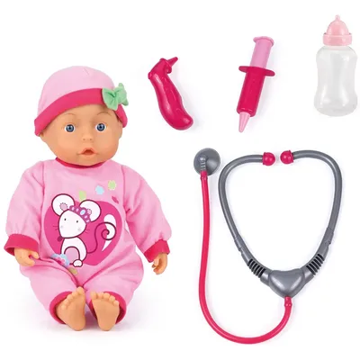 Produktbild von Bayer Design 93378AA Doktorpuppe, mit Babylauten, sprechend, Fläschchen, Arzt-Spiel-Set, Rollenspiele, 33cm, Rosa mit Mausmotiv
