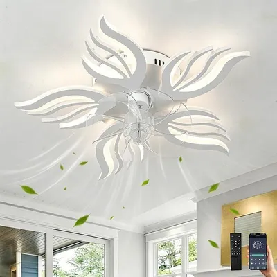 Image de Ventilateur de plafond avec lumière pour chambre, télécommande et application, lampe LED à intensité variable avec ventilateur et fonction mémoire, ventilateur à fleurs réversible avec 6 vitesses et lumière, avec minuterie, idéal pour le salon, couleur blanche