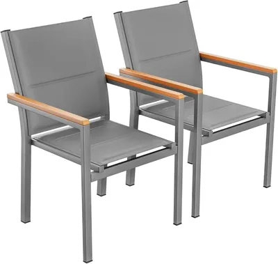 Immagine prodotto di Set di 2 sedie da giardino - Sedie da esterno impilabili - Resistenti agli agenti atmosferici - Struttura in alluminio - Seduta e schienale in tessuto Textilene - Con braccioli - Ideali per balcone e terrazza - Colore: grigio