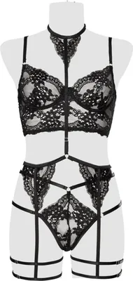 Produktbild von Grey Velvet Wäsche-Set Damen 3-teiliges Spitzen Cami-Strapsset schwarz L