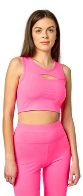 Produktbild von Bellivalini Sport Oberteile Damen Crop Top Neon für Gym Yoga Fitness Laufen mit Ausschnitt Vorne BLV50-324 (Rosa, L)