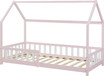 A pink and white house-shaped bed frame with a slatted base, shown against a white background.