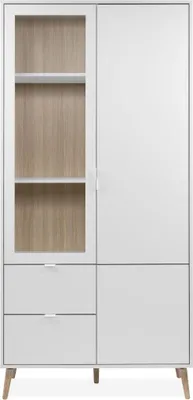 Image de CALICOSY - Vitrine 2 portes dont 1 vitrée, 5 étagères, 2 tiroirsReproduction blanc et chêne H190 cm - KLINT