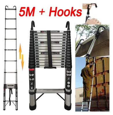 Image de Échelle télescopique de 5 mètres - Échelle droite extensible - Acier inoxydable - Capacité de charge de 150 kg - Avec crochets amovibles - Échelle domestique portable