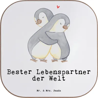 Produktbild von Mr. & Mrs. Panda Untersetzer Tasse Pinguin Bester Lebenspartner der Welt - Weiß - Geschenk, Glas, Holzuntersetzer, Partner, Hochzeitstag, Coaster, Freundin, Tassen, Liebe