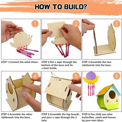 Image de lot de 2 objets d'artisanat pour enfants, maison d'oiseaux en bois DIY, carillon, kits de bricolage et de peinture pour filles et garçons